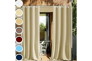 HUAXIQUE Cortinas de Exterior Termica 1 Pieza Resistente al Viento Protección UV con Anillos Cortina Opaca Termica Aislante para Balcones Porche Jardín Patio Pérgola Piscina Beige Oscuro 90x190cm