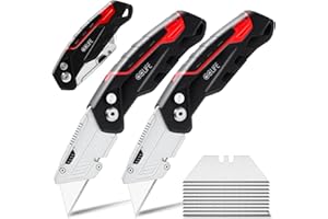 CCLIFE 2 składane noże do dywanów, składany nóż uniwersalny, przenośny nóż z 10 dodatkowymi ostrzami ze stali nierdzewnej, klips do paska i konstrukcja Safety-Lock, czarno-czerwony