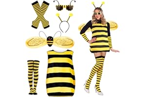 BITOWO Bienenkostüm Erwachsene Damen mit Haarreif Flügel Handschuhe Beinsocken Brille Bienen Kostüm Damen Bienen kleidung Kleid Hummel Kostüm Biene Damen für Faschingskostüm Biene Damen Verkleidung