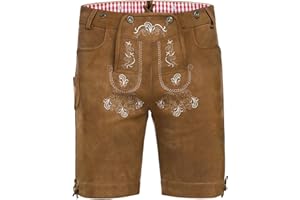 AMZHOTER Lederhose Herren Tracht Oktoberfest Trachtenhose Trachtenlederhosen Kurz Lederhosen Mann Braun bayrische Trachten Hose Trachtenmode mit Hosenträger Hellbraun Dunkelbraun