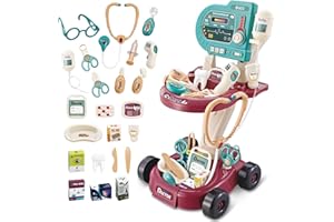 FEGALOP Doctor Play Set Doctor Kit Pretend Medical Station Set for Kids 24 Accessories Mobile Cart with Lights, Eye Chart, Thermometer, Stethoscope, Pulse Machine Gift for Toddlers Boys Girls