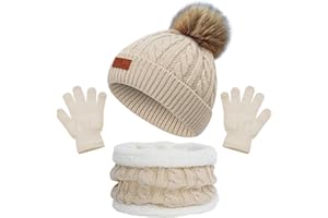 beifon Cappello a Maglia Bambini Invernale Sciarpa Guanti Berretto in Maglia con PomPom Ragazzi Berretto Sciarpa Beanie Cappello Scaldacollo per Ragazzo e Ragazza（3-8 anni）