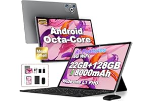 DGHRTI 2025 Newest Tablet 10 pollici Android 14, 22GB RAM 128GB ROM/TF 1TB, Octa-Core, 8000mAh, Corpo in Metallo, Face ID, Doppio WiFi, 8MP+5MP, Widevine L1, Protezione Occhi, Tastiera, Mouse, Gary