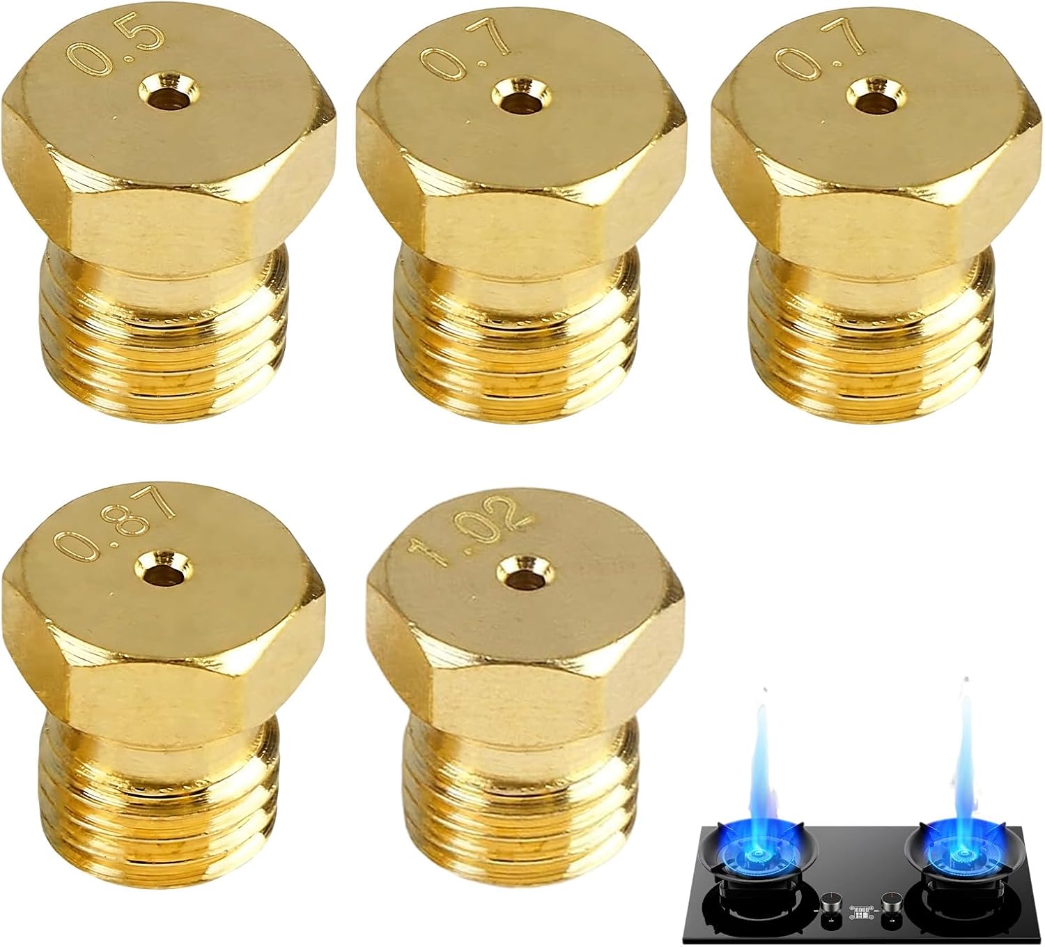 5 Piezas Inyectores Cocina Gas Butano, Inyectores Cocina Gas Butano Universales Boquilla de Repuesto para Encimera - Rosca M6 1x0.5, 2x0.7, 1x0.87, 1x1.02
