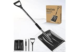 PLACHIDAY Snow Shovel, 2024 New Upgrade Large-Capacity Lightweight Aluminum Portable Snow Shovel, Parent-Child Playing Snow Shovel, Shovel for Garden, Car, Camping with Extra Ice Scrape(Black)