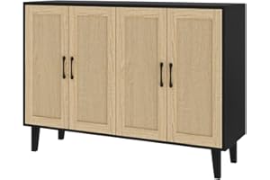 Panana Buffet Storage Cabinet with Rattan Decorating Living Room Wood Kitchen Sideboard Accent Cabinet (123(W) x 38(D) x 88(H) cm, Black)