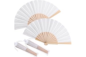 Chuangdi Handfächer aus Holz, faltbar, aus Stoff, Handfächer, Handfächer, Handwerk, Geschenk, mit Kordelzug, Organza-Beutel für Männer, Frauen, Mädchen, Weiß, 2 Stück