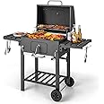 TANGZON Charcoal Grill, Portable BBQ Grill with Wheels, 2 Foldable Side Tables, Hooks, Thermometer & Adjustable Chimney, Outdoor Large Food Cooking Grilling Smoker for Garden Picnic Party Camping