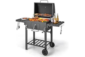 TANGZON Charcoal Grill, Portable BBQ Grill with Wheels, 2 Foldable Side Tables, Hooks, Thermometer & Adjustable Chimney, Outdoor Large Food Cooking Grilling Smoker for Garden Picnic Party Camping