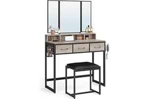 ‎VASAGLE VASAGLE Toaletka z 3-częściowym składanym lustrem, uchwyt na suszarkę do włosów, stół kosmetyczny z wyściełanym stołkiem, 3 szuflady, wzornictwo przemysłowe, kolor szary i czarny RVT004B02