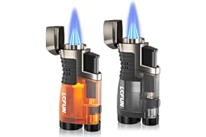 LCFUN 2 Pack Triple Jet Flame Lighter, Windproof and Gas Refillable, Butane Torch Lighter for BBQ, Camping, Outdoor and Candles, Gifts for Him Men (Without Gas) (Black & Orange)