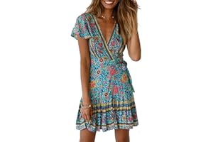 ABYOVRT Mujer Vestido Bohemio Corto Florales Nacional Verano Vestido Casual Magas Cortas Chic de Noche Playa Vacaciones