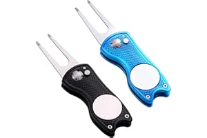 Yizerel 2 Pack Metal Foldable Golf Divot Tool with Pop-up Button & Magnetic Ball Marker (Pack of 2, Fish Design)