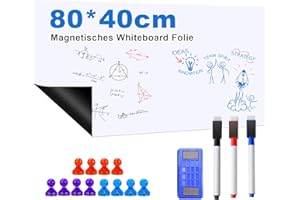 UNOSEKS Magnetic Whiteboard Film, 40 x 80 cm, Self-Adhesive Magnetic Board Film, Wipe-Clean Magnetic Film, White with Markers & Sponge & Magnetic Wall Film for Smooth Surfaces in School, Office, Home
