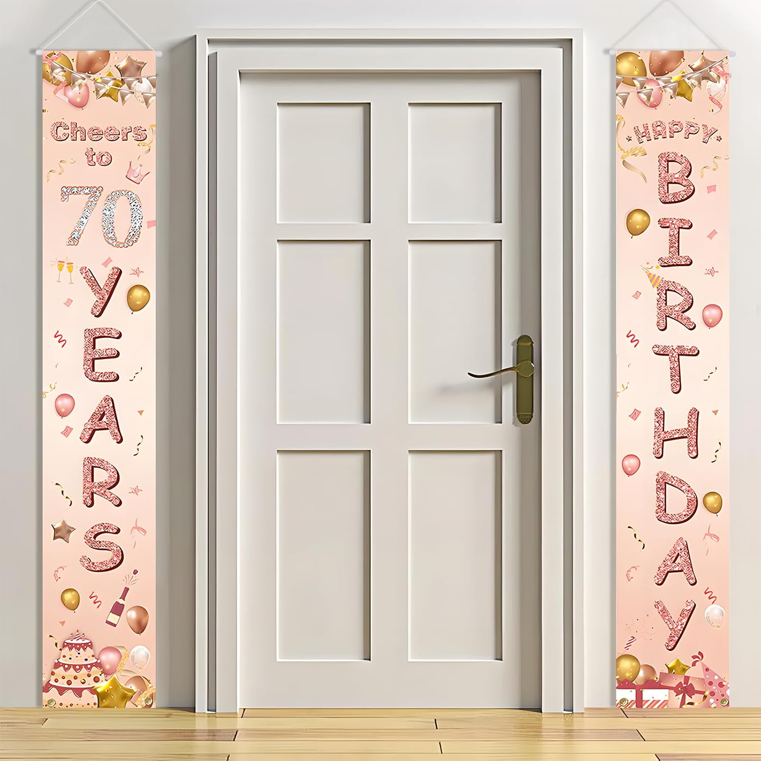 Happy 70th Birthday Door Banner, 70th Birthday Decorations Banner for Her, Rose Gold 70 Banners Porch Sign for Birthday Party Indoor Outdoor Decoration