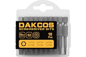 DAKCOS Torx zestaw bitów długich, T10-T15-T20-T25-T30-T40, asortyment bitów z S2 (długość: 50 mm, 10 sztuk)