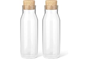 HEFTMAN Lot de 2 Bouteille Verre 1L - Bouteilles en Verre Transparent avec Couvercle en Liège, Carafe Eau pour Boissons Chaudes et Froides, Bocaux Réutilisables Adoucissants de Tissu avec Bouchons