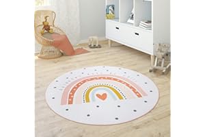 Paco Home Tapis Enfant Rond Chambre d'enfant Filles Garçons Étoile Éléphant Arc-en-Ciel, Dimension:80 cm Rond, Couleur:Crème