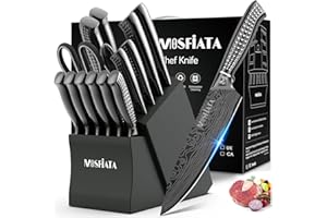 MOSFiATA Bloc à couteaux, couteaux de cuisine revêtus de titane, lot de 17 couteaux de cuisine tranchants en acier inoxydable et ciseaux, ensemble de couteaux de chef professionnels, avec protection