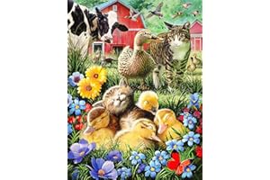 YEAUWILY Ferme Diamond Painting Kit pour Enfants Chat Vache Canard 5D Strass Complet Peinture Diamant Set pour Adulte DIY Ronde Pierre Broderie Diamant pour Accueil Décor Noël 30x40cm