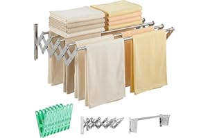 JUPPLIES Stendino da Parete Estensibile 120 cm – Stendibiancheria a Muro Richiudibile per Interno ed Esterno – 5 Barre in Acciaio Inossidabile, Montaggio Facile e Pinze Incluse