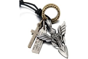 JewelryWe Bijoux Pendentif Collier Homme et Femme Croix Aile d'ange Militaire Tag Vintage Cuir Alliage Fantaisie Longueur Réglable 40-80cm avec Sac Cadeau