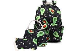 Avocado Backpack Set 3-in-1 Kids School Bag, Junlion Laptop Backpack Lunch Bag Pencil Case Gift for Teen Girls Womens Black
