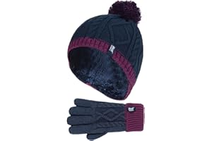 Heat Holders - Ensemble bonnet avec pompon et gants d'hiver en tricot torsadé et intérieur en polaire pour enfants - Bleu - Taille unique