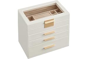 ‎SONGMICS SONGMICS Pudełko na biżuterię, pudełko na biżuterię z 4 poziomami, szklaną pokrywą, 3 szuflady, na okulary przeciwsłoneczne, dużą biżuterię, przechowywanie biżuterii, nowoczesne, mętna biel JBC161W01