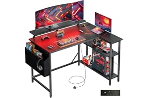 DOMSHOCT L Shaped Gaming Desk with LED Lights & Power Outlets, 100 * 80cm Small Corner Computer Table with Storage Bag, Adjustable Shelves & Monitor Stand, Home Office Study Workstation, Carbon Black