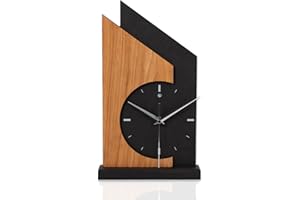 ‎KREATIVE FEDER Standuhr „Skyscraper“ aus Holz – Schwarze Tisch-Uhr mit brauner Eiche-Applikation; Größe ca. 34,5x20x5cm (Applikation Eiche braun, leises Quarzuhrwerk)