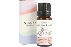 ‎NIKURA Nikura Sandelholz und Vanille Duftöl - 10ml | Perfekt für die Seifen- und Kerzenherstellung, Wachsmelts, Diffusoren für Zuhause, Aromabrenner | Ideal zur Nutzung in Badebomben, Parfümduft, Kerzenduft