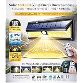 Solar 180 LED G&uuml;neş Enerjili Duvar Lambası, Kumandalı, Hareket Sens&ouml;rl&uuml;, IP65 Su Ge&ccedil;irmez, 3 Modlu, Dış Mekan Bah&ccedil;e &amp; Garaj A