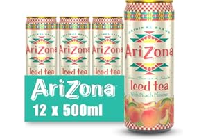 Arizona Peach Iced Tea, Pack of 12 x 500ml Cans, Delicious Fruit Iced Tea Drink, No Artificial Colours, No Artificial Preservatives