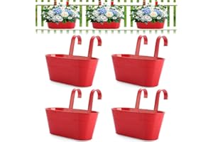 LDHHYH 4PCS Hanging Flower Pots, Red Fence Hanging Planters, Large Hanging Plant Pots Outdoor for Railing, with Detachable Hook, Metal Hanging Flower Pots for Fence Balcony Garden