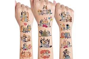 SUNYOVIME 8 Feuilles Bluey Tatouage Enfant,Tatouage Ephemere Enfant kit,Etanche Faux Tatouage Enfant Garçon Fille,Cadeau Anniversaire Enfants Invites Petit Cadeau Pinata Décoration De Fête