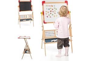 COSTWAY Chevalet d’Art Enfant Double Face avec Planche à Dessin Rotatif, Tableau Enfant en Bois avec Horloge et Alphabet, Boulier Educatif, Rouleau de Papier pour Enfants de 3+ Ans Naturel