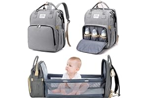 BIBYKIVN Sac à Dos à Langer pour Bébé,Sac de Voyage avec Lit de Bébé Portable,Grande Capacité Sac à Couches Multifonction Imperméable,2 Sangles de Poussette,pour Biberon Sac à Dos