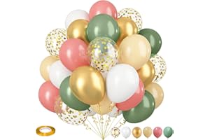 ISNDARE Retro Green Pink Balloons, 35pcs Sage Green Dusty Pink Metallic Gold Latex Balloons Set, Olive Green Pink White Gold Confetti Balloons for Girls Jungle Birthday Baby Shower Wedding Party Decoration