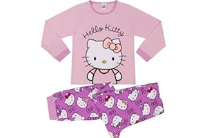 Hello Kitty Pigiama Lungo da Bambina, 100% Cotone, con Viso in Pile, Rosa