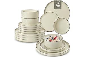 vancasso Navia Dinner Sets for 6 People, 18 Piece Rustic Stoneware Plates and Bowls Set, Kitchen Crockery Sets, Chip Resistant Dinnerware, Microwave & Dishwasher Safe, Speckled Cream