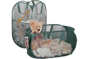 HDAKDDHG Collapsible Laundry Baskets 2 PCS Pop Up Laundry Hampers with Handles and Side Pocket, Large Mesh Foldable Washing Basket Lightweight Portable Laundry Basket for Clothes Tidy Storage