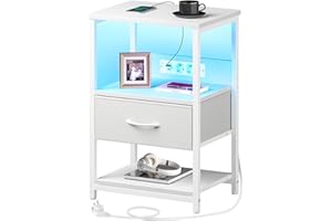 ‎ROLANSTAR Rolanstar Nachttisch mit LED, Beistelltisch mit Steckdose & Stoffschublade, 3-stufiger Sofatisch mit offenem Regal, perfekt für Schlafzimmer Wohnzimmer kleine Räume, Weiß, 40 x 30 x 60 cm