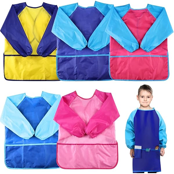 EASYKEENECOM Lot De 4 Tabliers Peinture Enfants – Manches Longues – 3 Poches – 64x40 Cm – Imperméable 210D – 5-8 Ans – Activités Art Et Cuisine