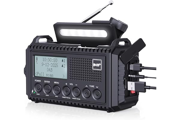 Radio Numérique Dab+/Dab/FM, Radio Solaire Portable avec Manivelle, 5000mAh Batterie Rechargeable, Écran LCD, Port USB, Prise Casque, Lampe de Poche, SOS, Idéal pour l'extérieur et la Maison -Noir