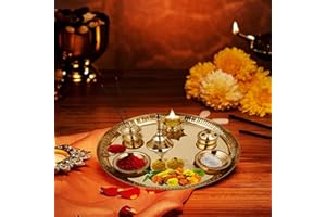 Hashcart Pooja Brass Plate Set (Dia - 8.85 in) | Indian Decorative Puja Items/Aarti Thali for Temple | Mandir | Diwali Decoration | Wedding | Home Decor