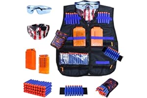 WORKER Kinder Taktische Weste Kit für Nerf Guns N-Strike Elite Serie mit 40 Kugeln nachfüllen Darts, 2 Nachlade-Clips, Dart-Beutel, Taktische Masken, Hand-Armband und Schutzbrille für Jungen