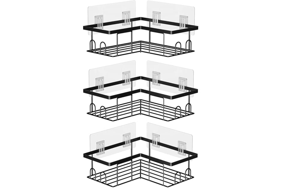 UUlioyer Corner Shower Caddy, Rustproof Bathroom Shelf No Drilling, Bath Storage with Hooks (3-Pack Corner Shower Caddy- Black)