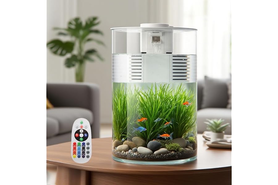 YISITONG Fish Tank, 3 Gallon Aquarium Starter Kit with Filter and LED Lighting (17 Color Choices), 360 View Aquarium for Small Fish Quiet Desktop Aquarium for Home, Office Best Gifts