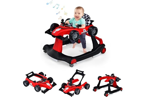 DREAMADE Trotteur Bébé Garçon Fille avec Hauteur&Vitesse Réglable,4 en 1 Trotteur Marche Pliable Forme de Voiture avec Roue Universelle Silencieuse&Musique&Lumière,pour Enfants 6-18 Mois,Charge 12 KG